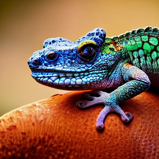 Image similar to An award winning photo of a single Tokay crocodile chameleon sitting on an elephant, environmental portrait, wildlife photography, National Geographic, 4k