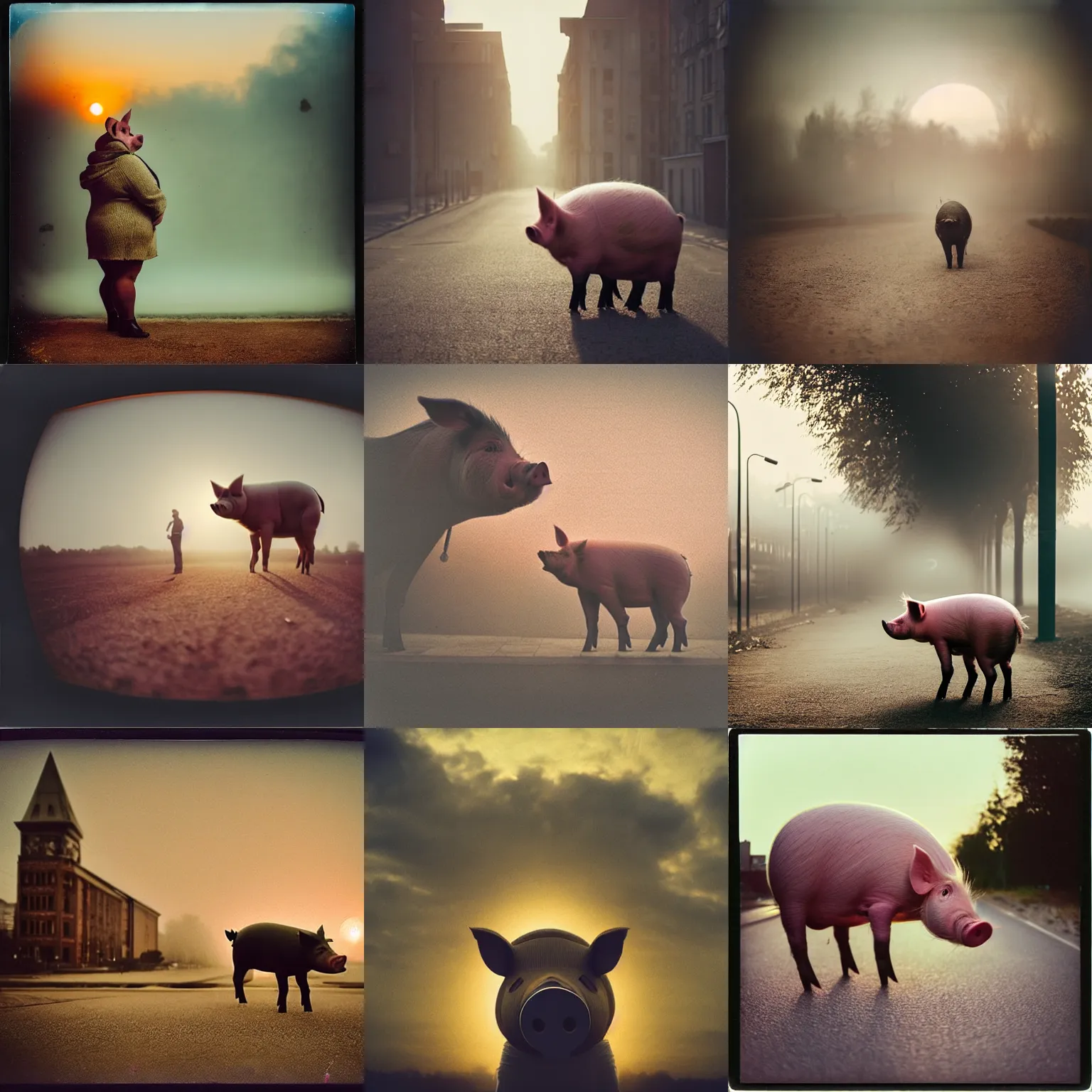 Prompt: animal pig. oversized, in legnica, full body, cinematic focus, polaroid photo, vintage, backlighting sunset, foggy, by oleg oprisco, by thomas peschak, by discovery channel, by victor enrich, by gregory crewdson