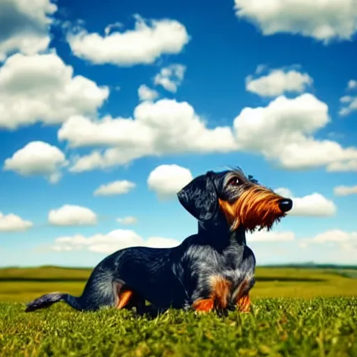 Image similar to grey, elderly wire-haired dachshund flying in heaven, floating in the sky, blue sky, surrounded by beautiful white clouds, heaven landscape