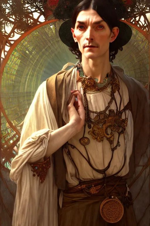 Image similar to ultra realistic, thin man in peasant clothes, black hair, brown eyes, occult jewelry, fantasy, intricate details, eerie, highly detailed, octane render, 8 k, art by artgerm and alphonse mucha and greg rutkowski