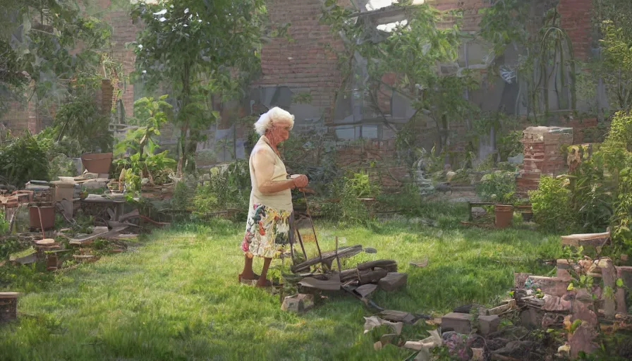 Image similar to old lady working in a craft garden in washington dc's ruins, vegetation, collapsed buildings, debris, cloudy day, volumetric light, hyperdetailed, artstation, cgsociety, 8 k