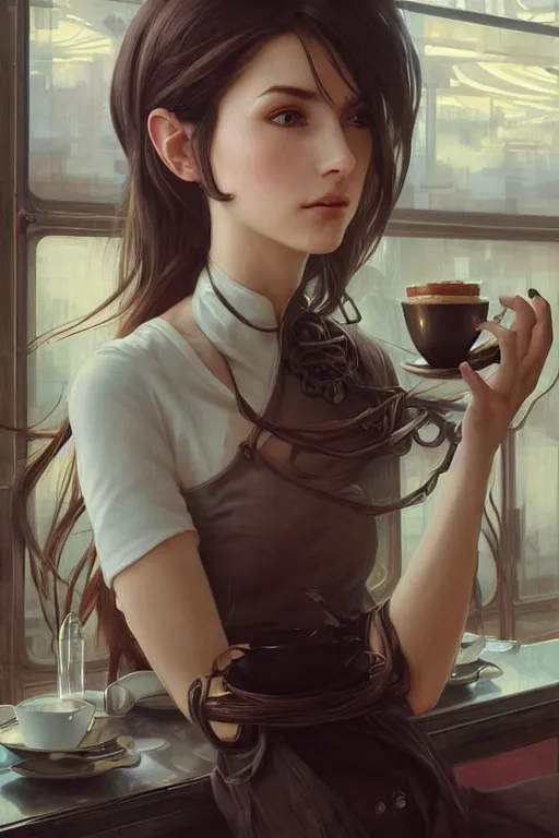 Image similar to an attractive serene cute android in a cafe, partially human , partially biomedical design , natural atmosphere, great high details, highly reaslitic, cinematic lighting, intricate, elegant, super highly detailed, art station, concept arD, beautiful, delicate, art by artgerm and greg rutkowski and alphonse mucha and loish and WLOP