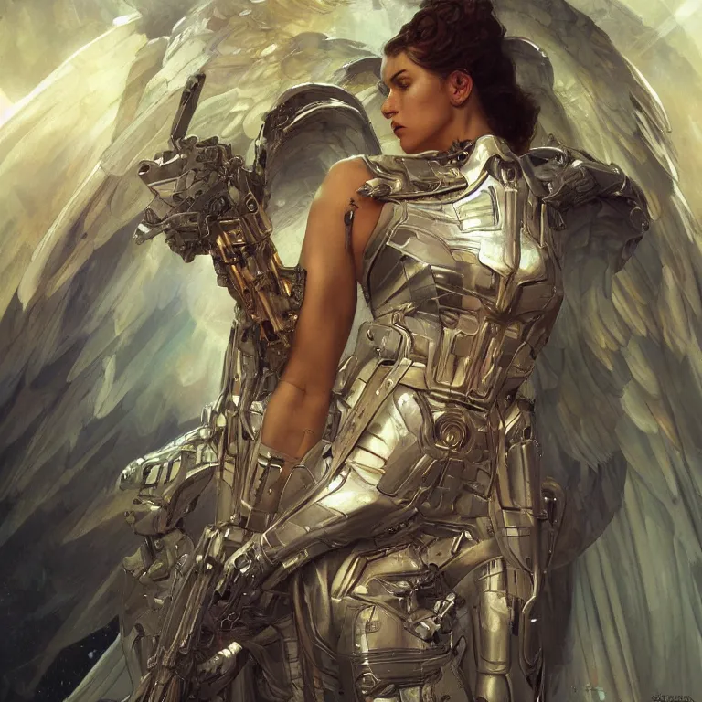 Image similar to scifi character portrait Painting of a stunning attractive heroine as a futuristic archangel character, dystopian mood, intricate, wild, highly detailed, digital painting, artstation, concept art, smooth, sharp focus, illustration, art by artgerm and greg rutkowski, and alphonse mucha