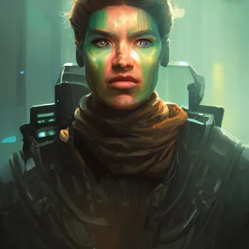 Prompt: a digital portrait painting of an intergelactic bounty hunter, matte painting, hyper realistic, very detailed, retro colors, dramatic scene, realistic lighting, dark fantasy, 4 k, in the style of greg rutkowski,