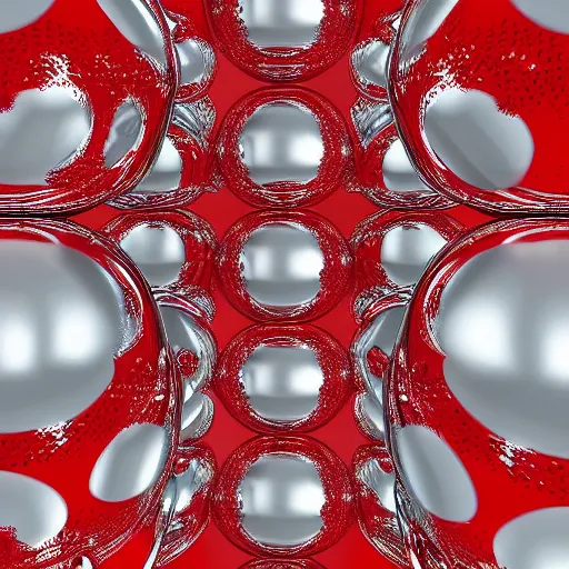 Prompt: chrome spheres on a red cube, droste effect