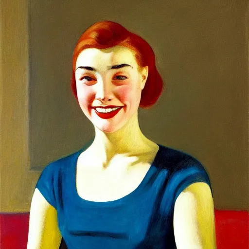 Image similar to representation of a young woman with a happy face in the year 1960 by Edward Hopper, an American realist painter