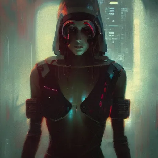 Prompt: young beautiful woman, cyberpunk, glowing eyes, high detail, dramatic light, digital art, dark, painted by seb mckinnon and greg rutkowski, trending on artstation