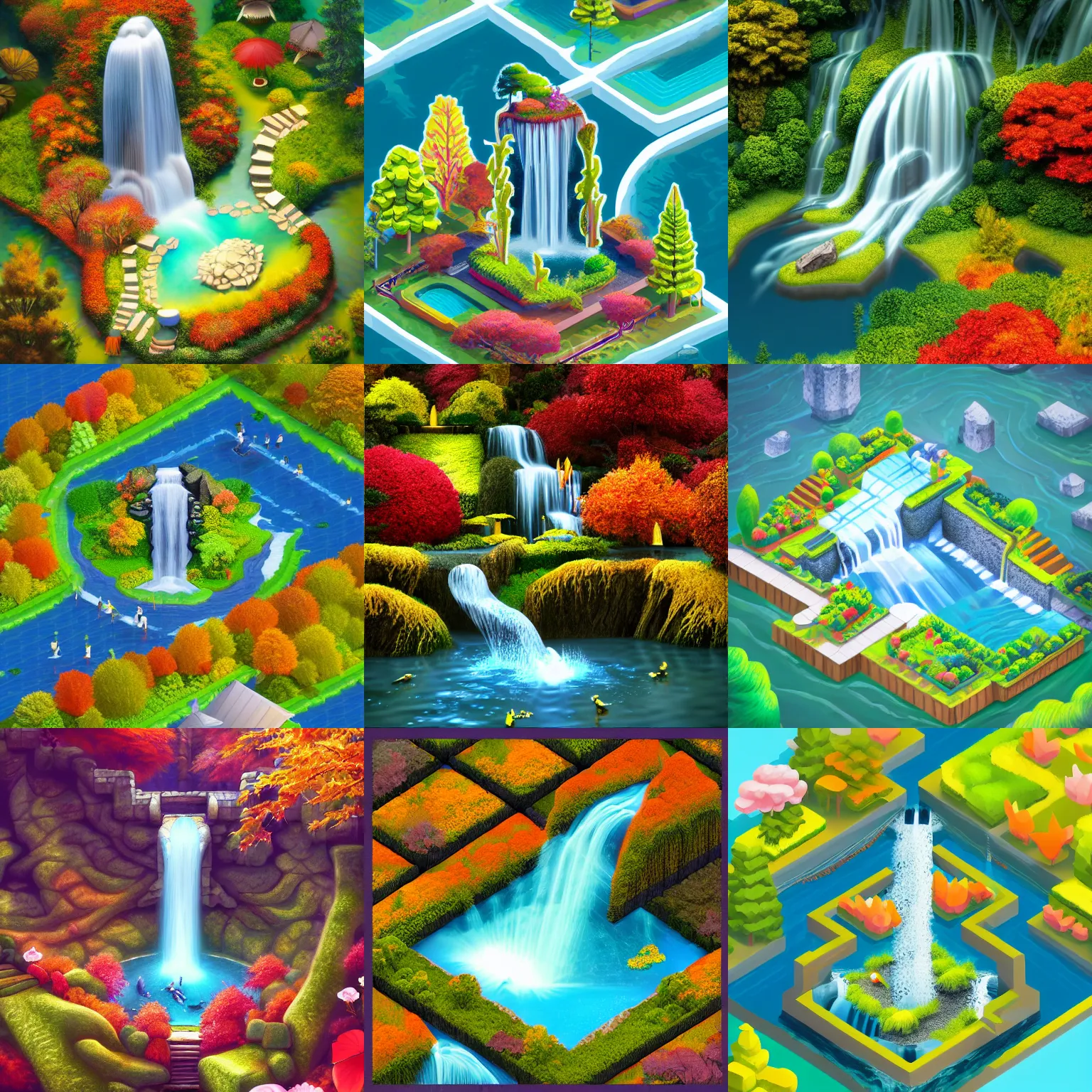 Prompt: isometric webdesign icon for paradise autumn tokyo garden with waterfall, 3d render, by Artgerm, tooth wu, dan mumford, beeple, wlop, rossdraws, James Jean, Andrei Riabovitchev, Marc Simonetti, yoshitaka Amano, Artstation