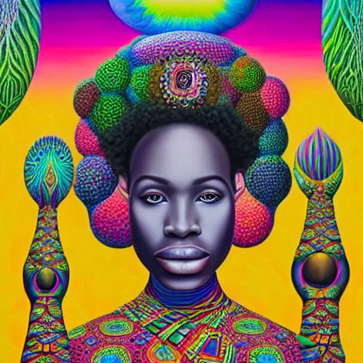 Image similar to a regal and heroic african queen with a colorful afro sitting in a cabana on top of a enormous elephant near a pink river with a large glowing baobab tree, by amanda sage and alex grey and evgeni gordiets in a surreal psychedelic style, symmetrical, detailed eyes, oil on canvas 8k, hd