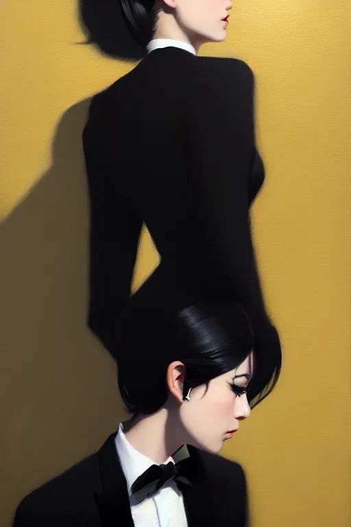 Image similar to a ultradetailed beautiful portrait panting of a stylish woman wearing a black tuxedo, oil painting, by ilya kuvshinov, greg rutkowski and makoto shinkai, trending on artstation