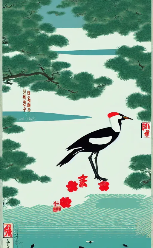 Image similar to hanafuda, grus japonensis looking around at a lake in the middle of japanese pines, front game card, vector line art, trending on artstation, concept art, stunning, matte