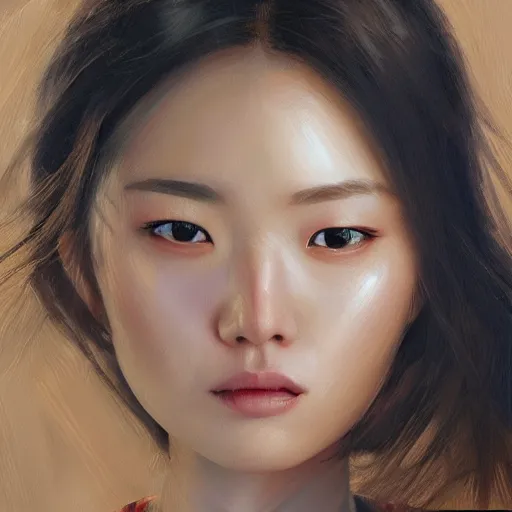 Image similar to perfect, realistic oil painting of close-up japanese girl face, in Marvel and DC style, by an American professional senior artist, Hollywood concept, dynamic composition and motion, postproduction.