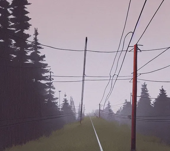 Image similar to realistic powerlines, by simon stalenhag