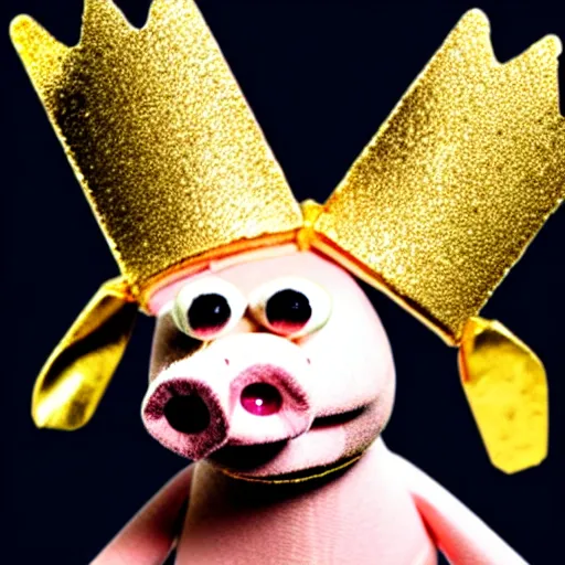 Image similar to a pig wearing a gold crown depicted as a muppet