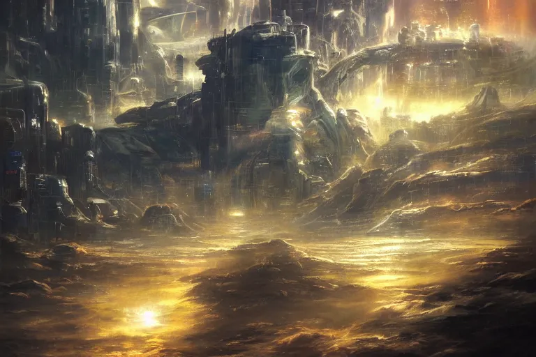 Prompt: a vast planetary sci-fi city by Yoshitaka Amano, oil on canvas, artstation, dramatic scenery, masterpiece, aesthetic