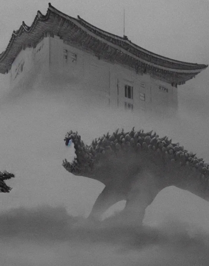 Image similar to a filmstill of a north korean monster movie, kaiju - eiga monster starfish - like trampling a traditional korean palace, foggy, film noir, video compression