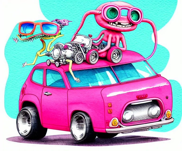 Prompt: cute and funny, pink colored squid wearing sunglasses riding in a tiny hot rod with oversized engine, ratfink style by ed roth, centered award winning watercolor pen illustration, isometric illustration by chihiro iwasaki, edited by range murata, tiny details by artgerm and watercolor girl, symmetrically isometrically centered