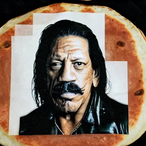 Prompt: danny trejo's face on a tortilla