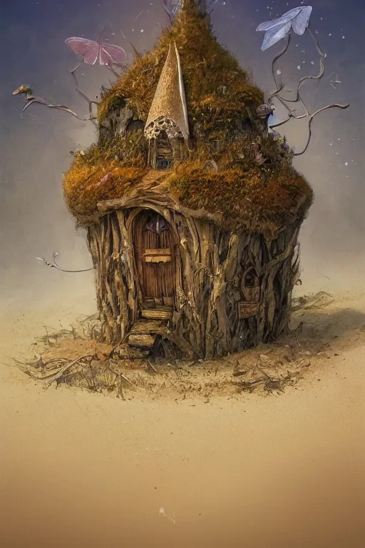 Image similar to wide angle view, a beautiful digital painting of a fairy house made of sand and driftwood on a beautiful coastline, tranquil day, magical, by greg rutkowski, brian froud, marc simonetti, jean - baptiste monge, symmetry, complementary colors, ink illustration, trending on artstation