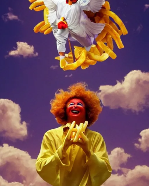 Prompt: ronald mcdonald as an angel ascending into the gates of heaven with french fries wings, an onion ring around his head, sunbeams, clouds, chicken nuggets flying in the sky