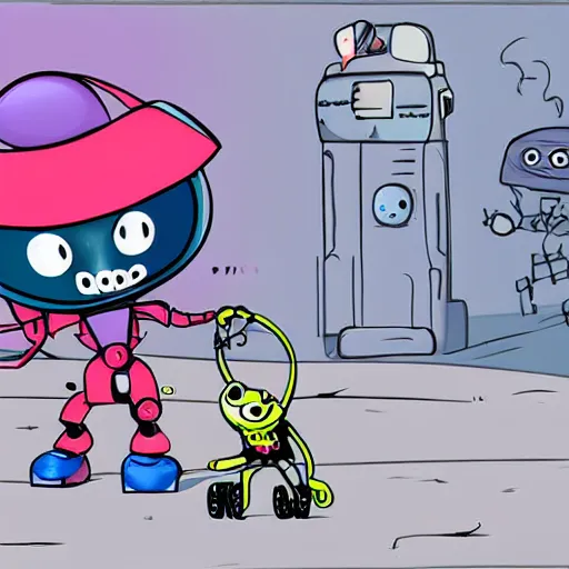 Prompt: cartoon alien with rollerblades on carrying too many bags running away from a robot dog
