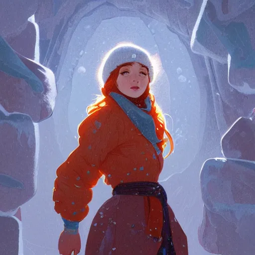 Prompt: portrait of madeline from celeste climbing a snowy mountain, light blue bubble jacket, orange long hair, highly detailed, digital painting, artstation, concept art, sharp focus, illustration, art by greg rutkowski and alphonse mucha