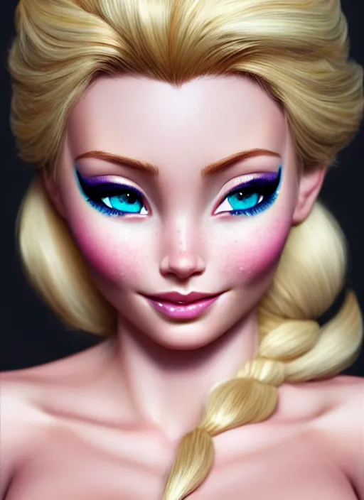 Image similar to gorgeous female elsa, professionally retouched, natural colors, soft lighting, hyper realistic, smooth face, full body shot, torso, dress, perfect eyes, sharp focus on eyes, 8 k, high definition, insanely detailed, intricate, elegant, art by j scott campbell and artgerm