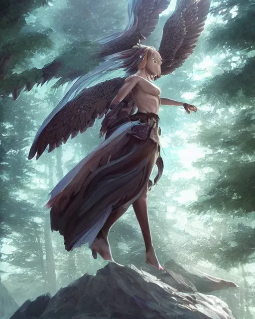 Image similar to a female anthropomorphic eagle warrior. She has two wings on her back. Forest, clearing. Atmospheric lighting, By Makoto Shinkai, Stanley Artgerm Lau, WLOP, Rossdraws, James Jean, Andrei Riabovitchev, Marc Simonetti, krenz cushart, Sakimichan, D&D trending on ArtStation, digital art.