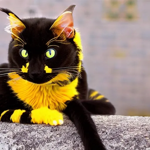 Prompt: photo of a hybrid between a cat and a bumblebee