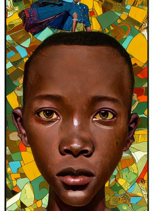 Prompt: colourful upper half portrait of an african boy with proportions in the style of jack davis - presented in magazine collage style, art by hsiao - ron cheng & alphonse mucha, magazine collage, highly detailed, caricature, caricature, digital painting, concept art, ray tracing, illustration, illustration, smooth, sharp focus, intricate, symmetry, pinterest, behance, artstation