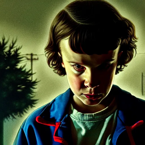 Image similar to a scene from stranger things, portrait, dark, with a surprised man, detailed face, with something scary in the background, like greg rutkowski and victo nagi