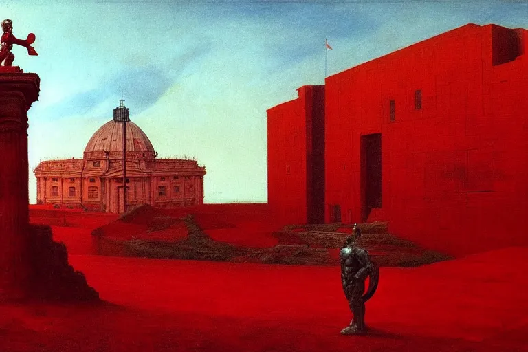 Image similar to only with red, caesar after war, a red tiger, in hoc signo vinces, rome in background, an ancient path, in the style of beksinski, part by hopper, part by rodcenko, part by hofbauer, intricate composition, red by caravaggio, insanely quality, highly detailed, masterpiece, red light, artstation