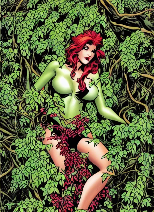 Image similar to dc comics poison ivy character sitting in a throne made of vines and trees art by frank cho, joe chiodo, bruce timm