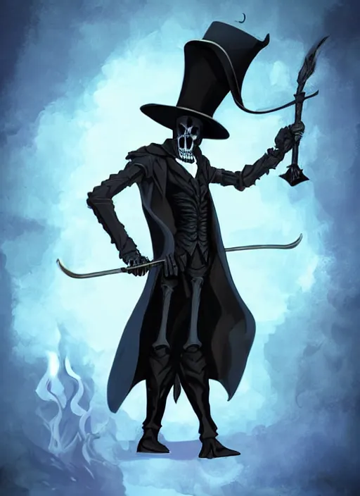 Image similar to DND character concept, skeletal male figure, wearing a deep black suit!!! and tie and top hat, holding a gold! cane!. Surrounded by light blue!!! flames!!