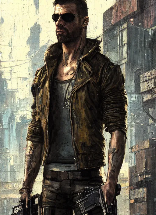 Image similar to max payne. cyberpunk mercenary in a military vest ( blade runner 2 0 4 9, cyberpunk 2 0 7 7 ). orientalist portrait by john william waterhouse and james gurney and theodore ralli and nasreddine dinet, oil on canvas. cinematic, hyper realism, realistic proportions, dramatic lighting, high detail 4 k