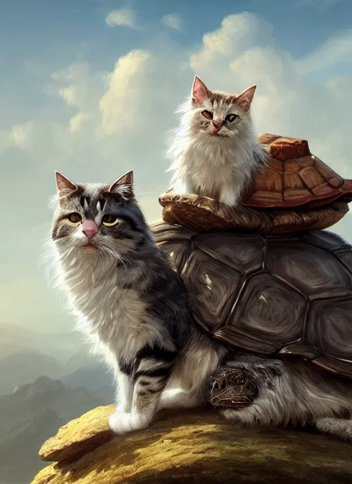 Image similar to Portrait of two scruffy haired cats on a tall mountain sitting on a turtle, realistic, detailed, 4k by Greg Rutkowski Mark Arian trending on artstation