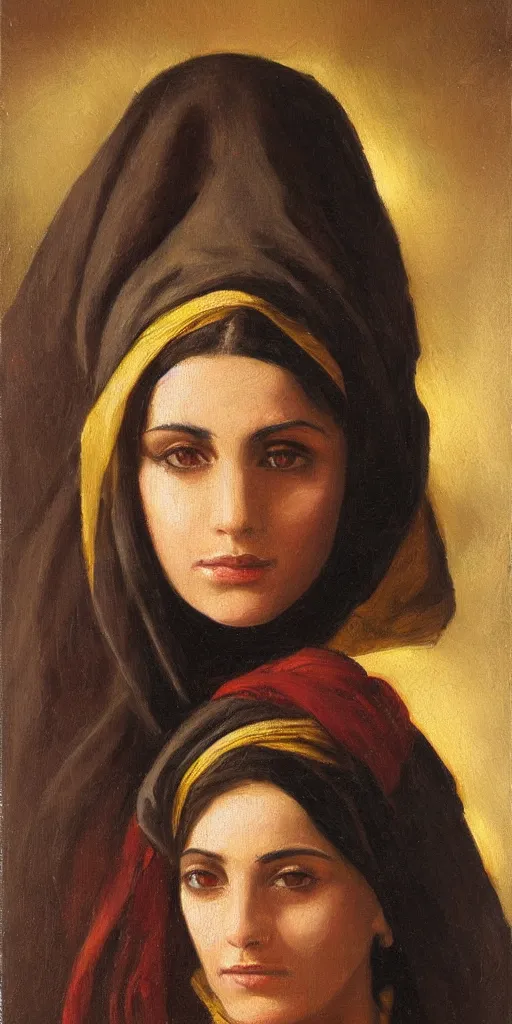 Image similar to romantic period style atmospheric oil painting of a middle eastern woman with intense eyes, wearing a golden veil