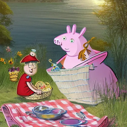 Image similar to Peppa Pig shares a picnic with the Moomins in front of the sea. The Moomins are very numerous and include Moomintroll and Moominpappa. Elegant, intricate, digital painting, artstation, concept art, smooth, sharp focus, illustration, art by artgerm and greg rutkowski and alphonse mucha