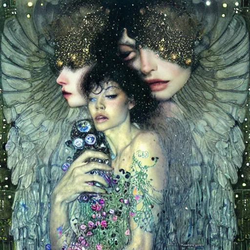 Image similar to dreamy angels, full clothes, cybernetic, in the cosmos, intricate detail, klimt, royo,