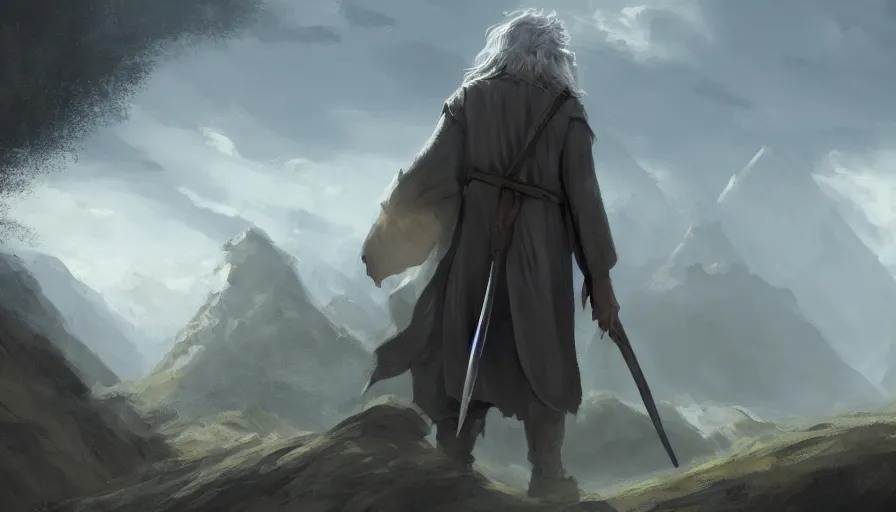 Image similar to concept art of gandalf approaching the shire, jama jurabaev, brush hard, artstation, high quality, brush stroke, soft lighting