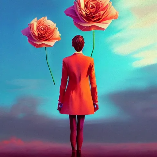 Image similar to portrait, giant rose flower head, girl in a suit, surreal photography, sunrise, blue sky, dramatic light, impressionist painting, digital painting, artstation, simon stalenhag