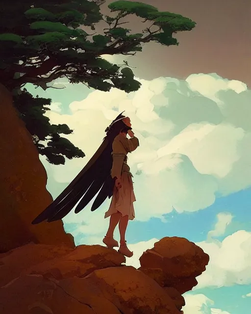 Prompt: a female anthropomorphic eagle warrior standing heroically on a rock. trees. atmospheric lighting, stunning, brave. Eagle girl. by studio ghibli painting, clouds, wide angle , low-angle shot, by Joaquin Sorolla rhads Leyendecker, by Ohara Koson and Thomas Kinkade, traditional Japanese colors, superior quality, masterpiece,trending on artstation, isometric