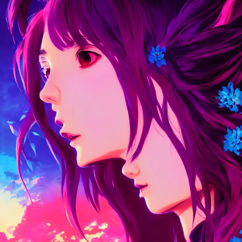 Image similar to side profile macro portrait, cute modern gothic anime girl with synthwave flower background, gloomhaven, colorful swirly retrowave style fantasy poster, by greg manchess, lois van baarle, sachin teng, greg rutkowski, jesper ejsing, ilya kuvshinov, extremely detailed 4 k,