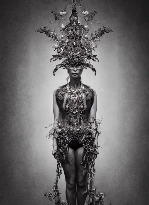 Prompt: a portrait of female model by stefan geselle and nekro borja, photorealistic, intricate details, hyper realistic, fantasy, elegant, ornate metal headpiece, photorealistic, canon r 3, photography, wide shot, symmetrical features, wide angle shot, perfect body, standing pose, feet on the ground