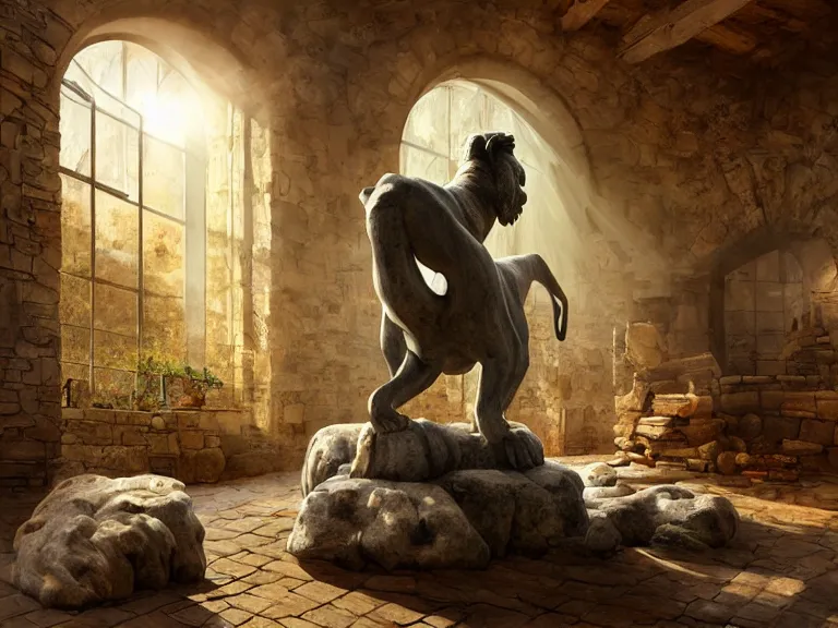 Prompt: expressive rustic oil painting, a stone workshop with in the center an impressive large statue of a lion, dust, ambient occlusion, morning, rays of light coming through windows, dim lighting, brush strokes oil painting