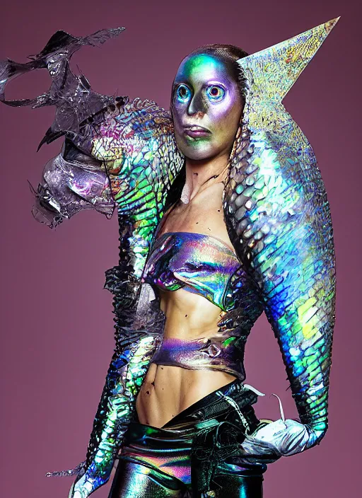 Prompt: a woman with iridescent shark skin, pirate weapons, by van herpen, iris