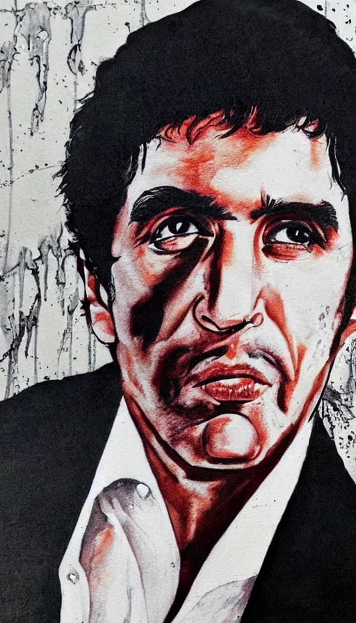 Image similar to close upt. cogerent eyes. detailed face. tony montana from movie scarface. color ink paint