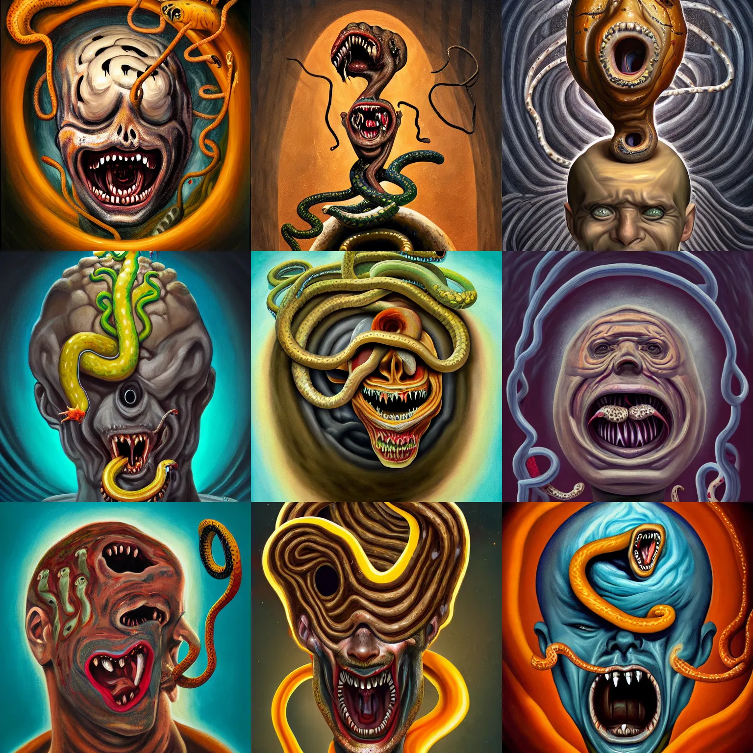 Prompt: a painting of a decapitated screaming man's face with snakes coming out of a hole in his forehead, a surrealist painting, polycount, behance, surrealism, surrealist, lovecraftian, cosmic horror, grotesque