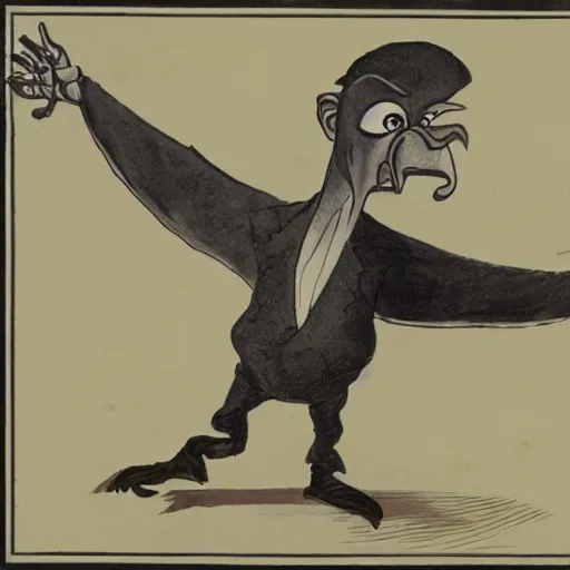 Prompt: caricature of a cartoon vulture with a sinister human - like face