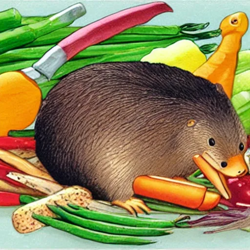 Prompt: beaver, duck, vegetables